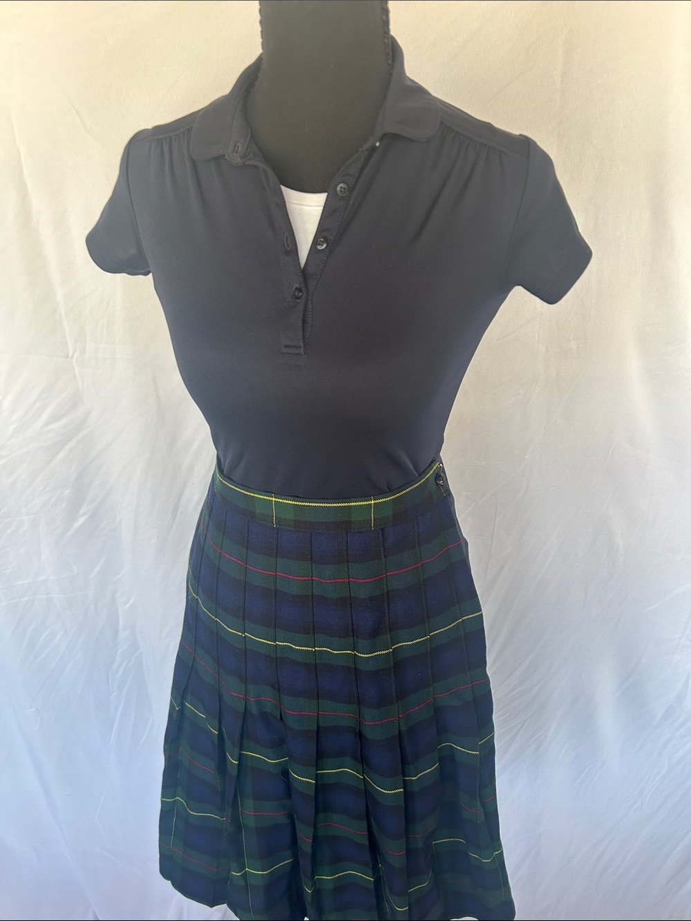 Lands' End Navy, Green and Yellow Plaid A-Line Skirt